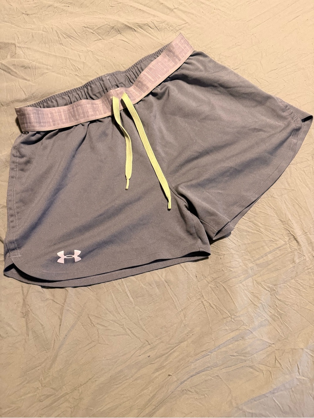 Under Armour Women’s Gray Athletic Shorts with Pink Waistband and Neon Drawcord